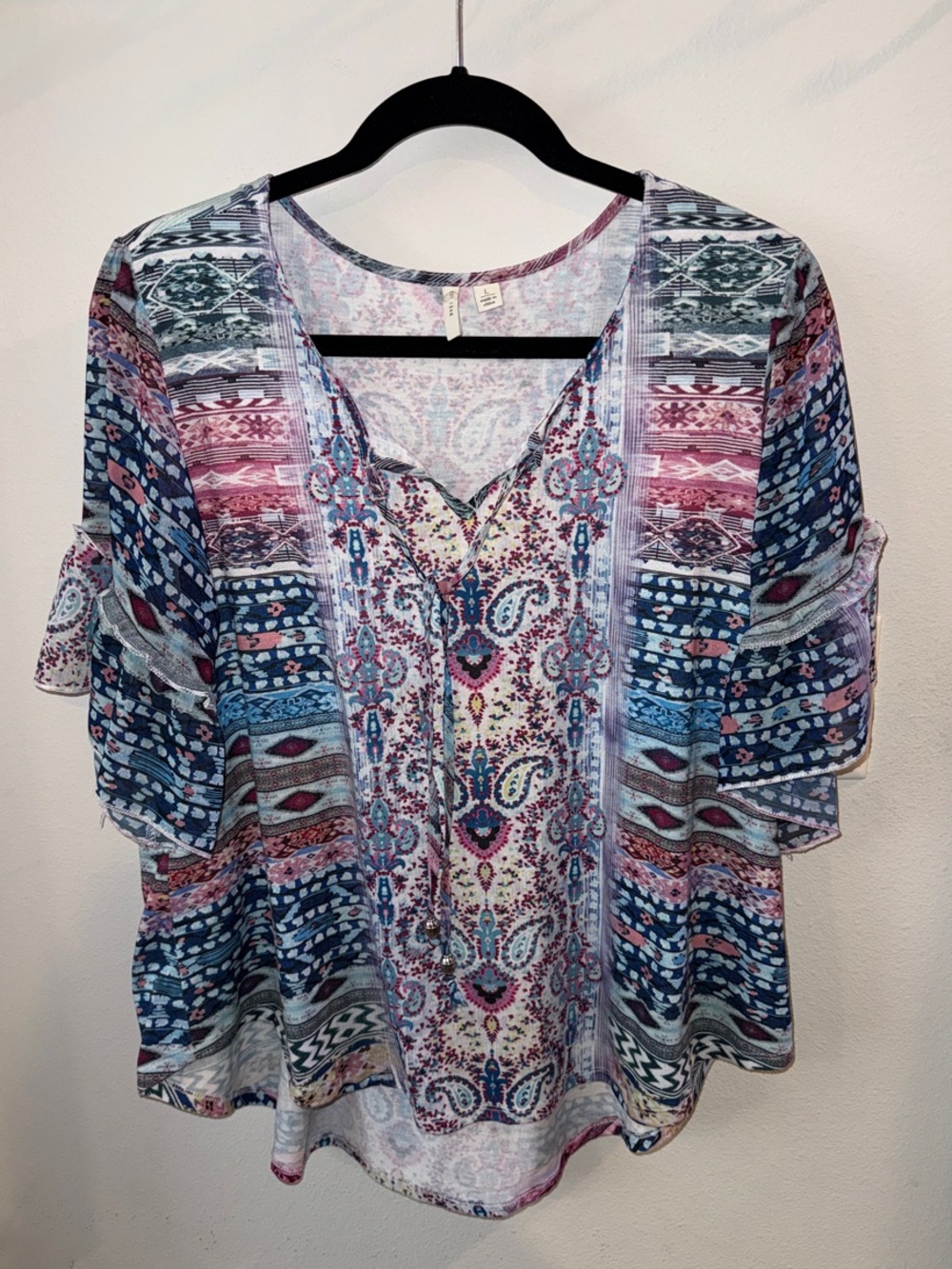 Boho Tie Neck Layered Sleeve Top - Blue/Pink L